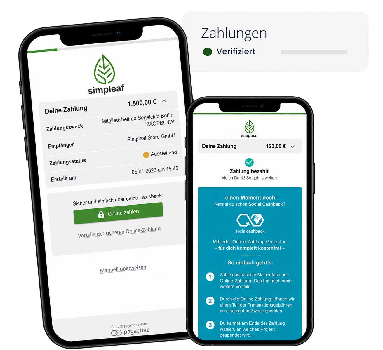 Zwei iPhone-Ansichten mit Zahlungsdetails und Social Cashback nach bestätigter Zahlung